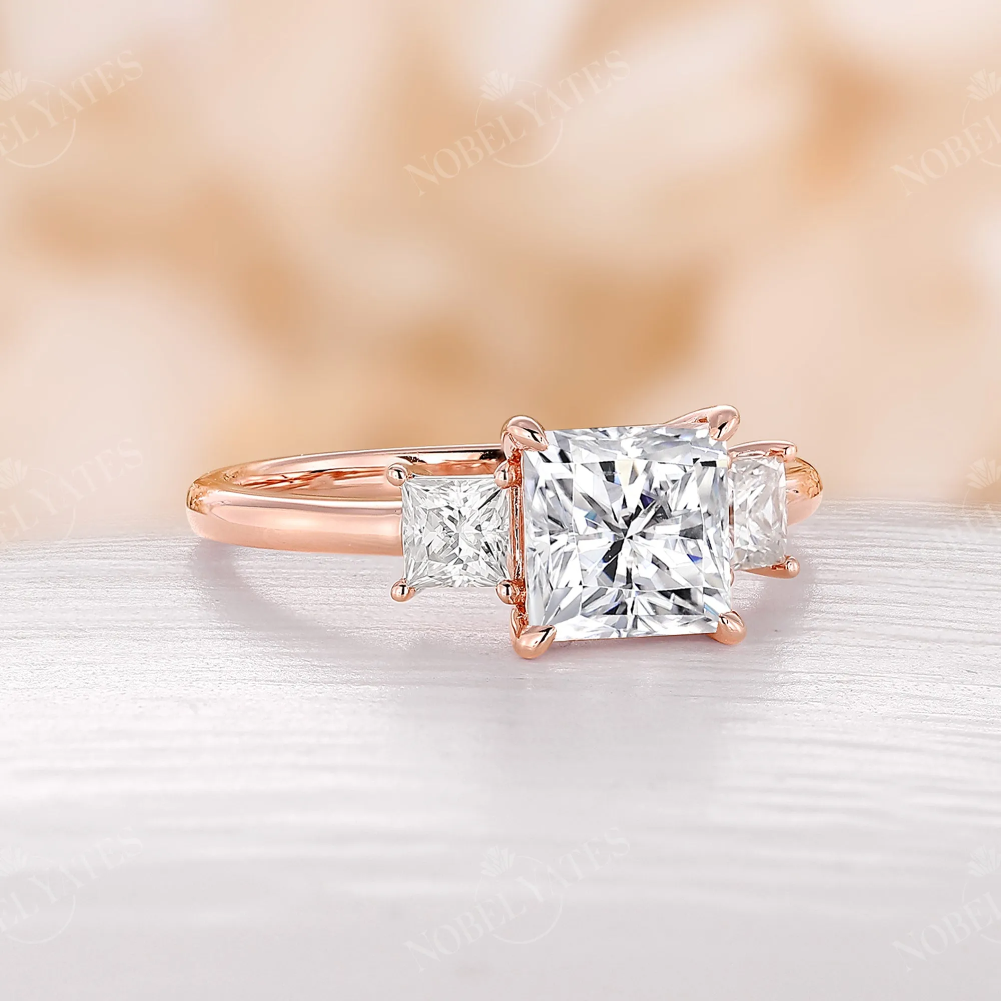 Princess Three Stones Moissanite Rose Gold Engagement Ring Classic