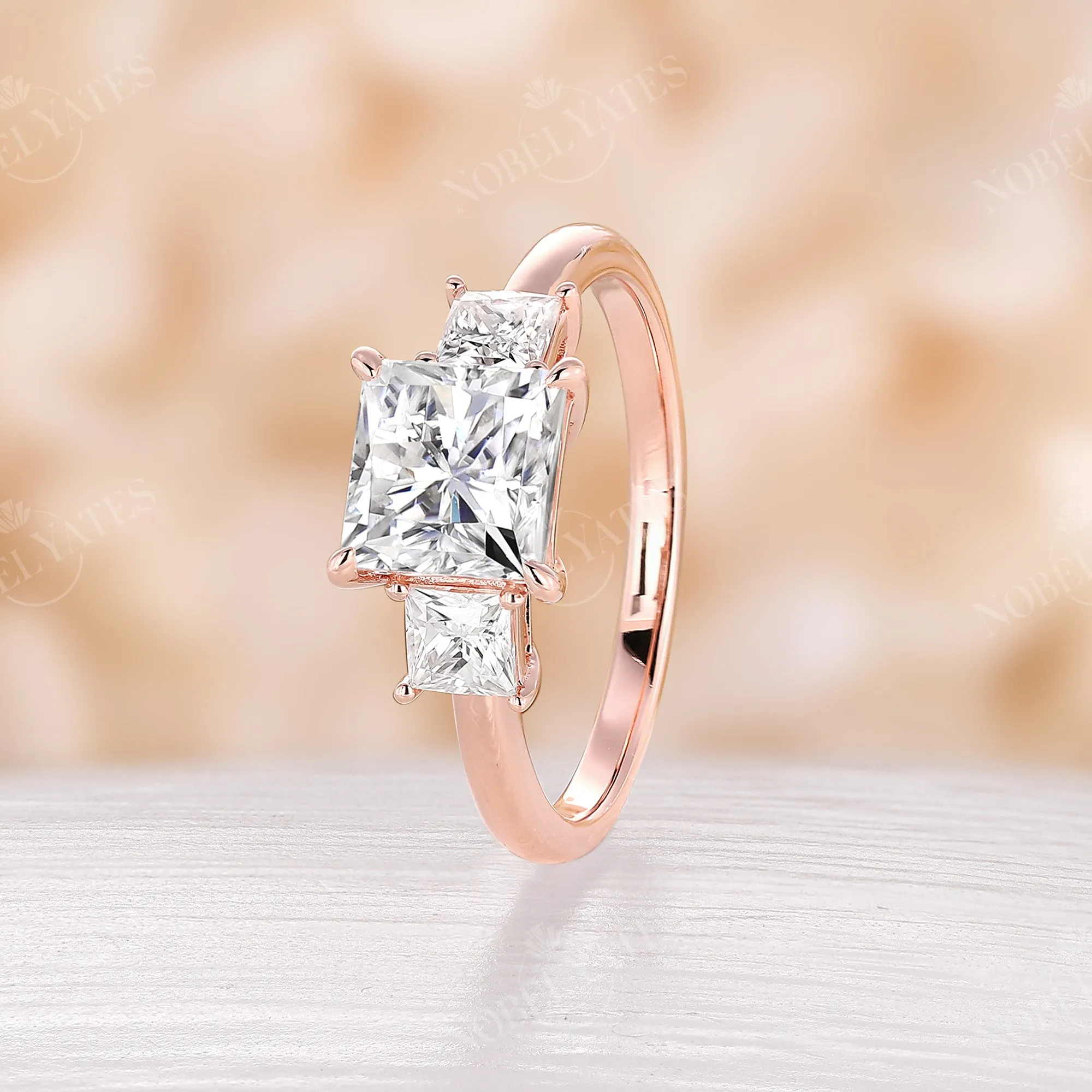 Princess Three Stones Moissanite Rose Gold Engagement Ring Classic