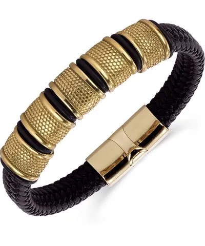 Rhona Sutton Vanguard Gold Black Leather Stainless Steel Bracelet