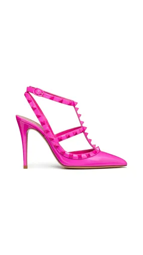 Rockstud Ankle Strap Patent-Leather Pump with Tonal Studs 100MM - Pink PP