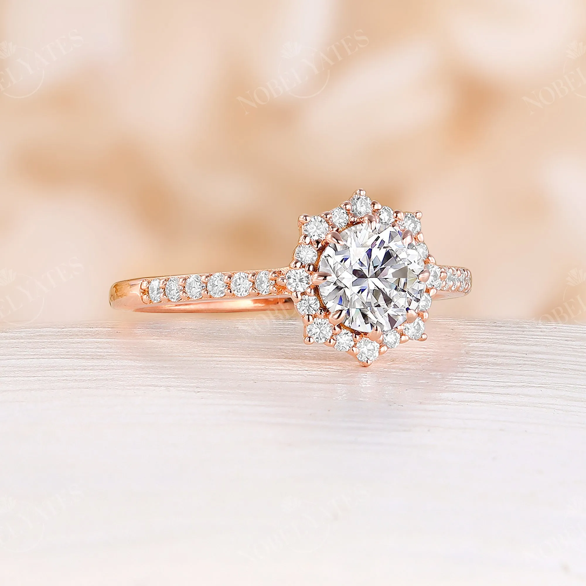 Rose Gold Halo Round Moissanite Classic Engagement Ring