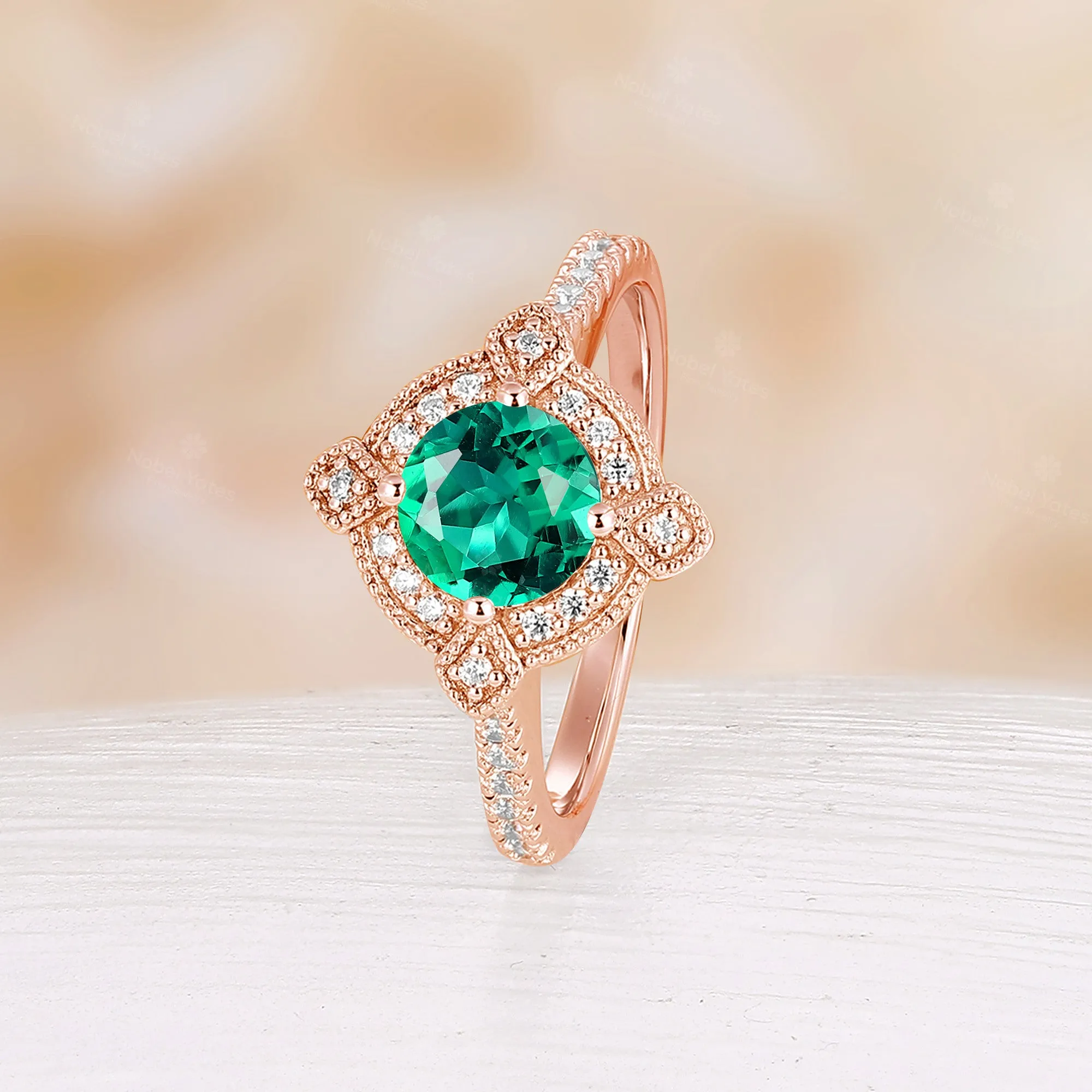 Round Cut Vintage Inspired Lab Emerald Moissanite Halo Engagement Ring Milgrain