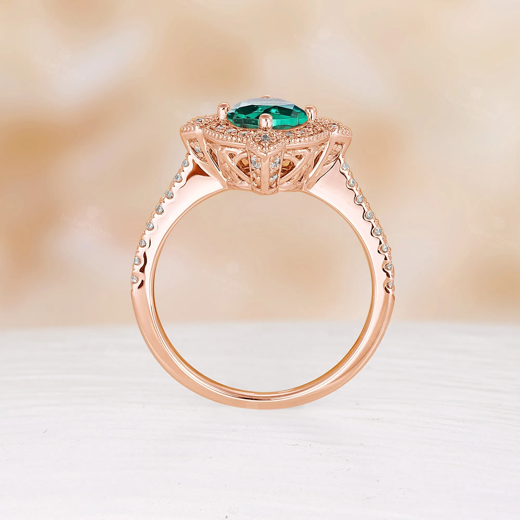 Round Cut Vintage Inspired Lab Emerald Moissanite Halo Engagement Ring Milgrain