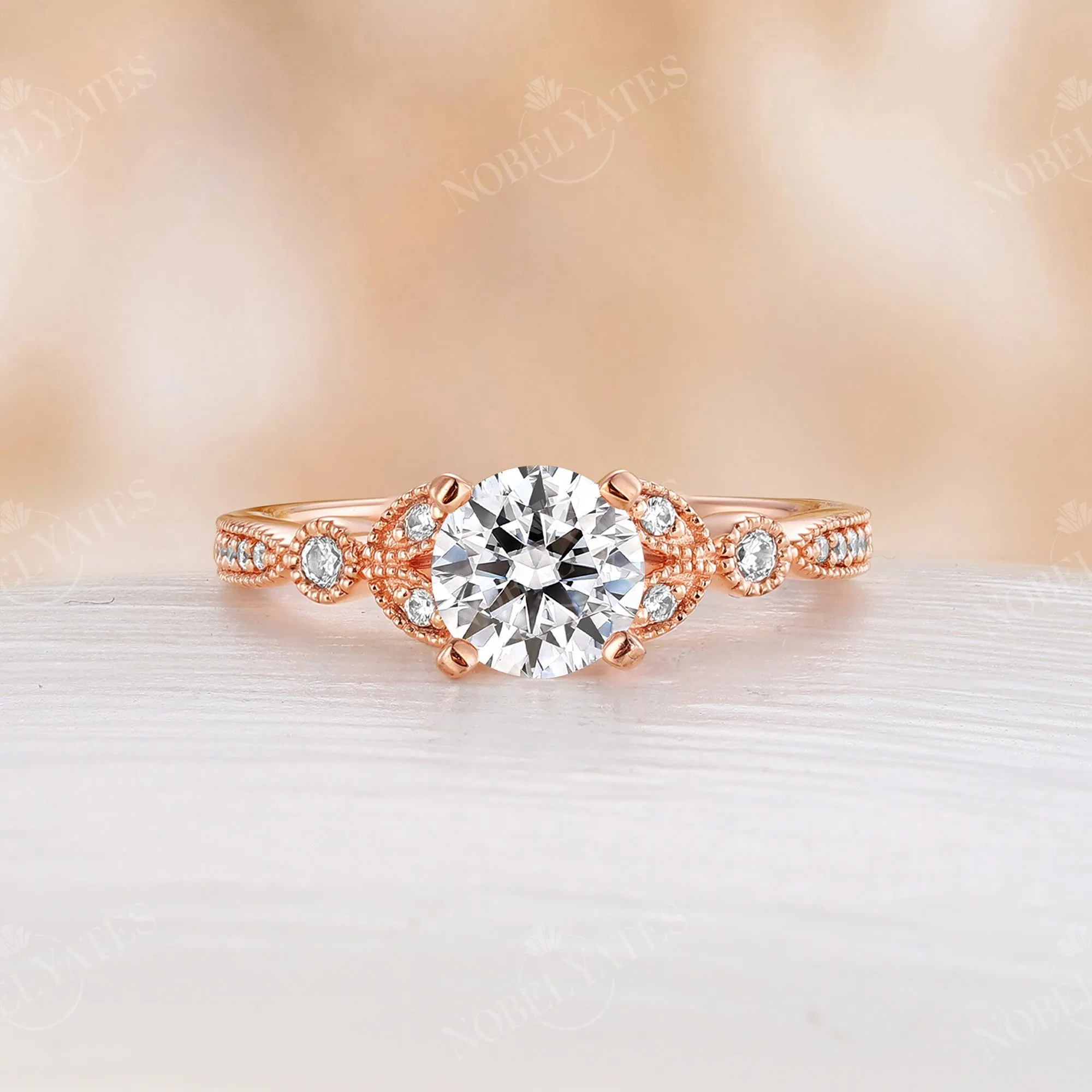 Round Moissanite Engagement Ring Milgrain Side Stones Vintage