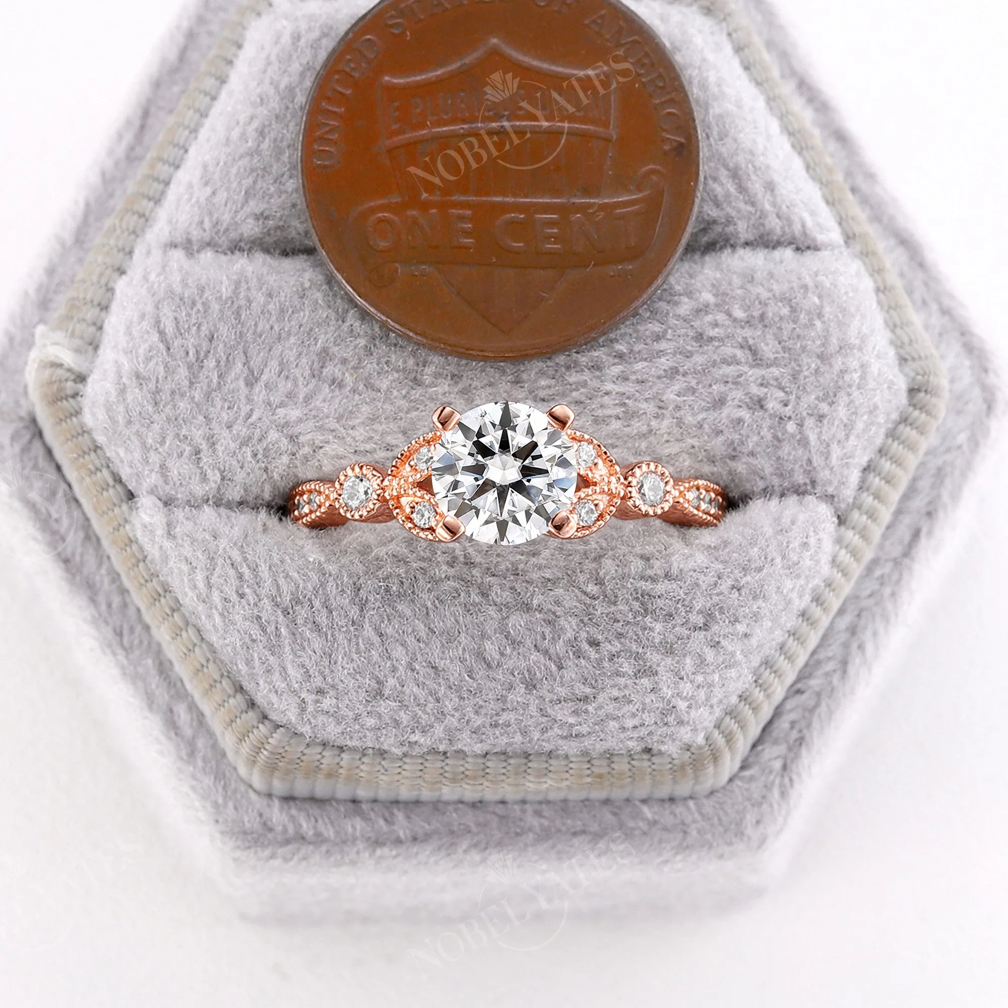 Round Moissanite Engagement Ring Milgrain Side Stones Vintage