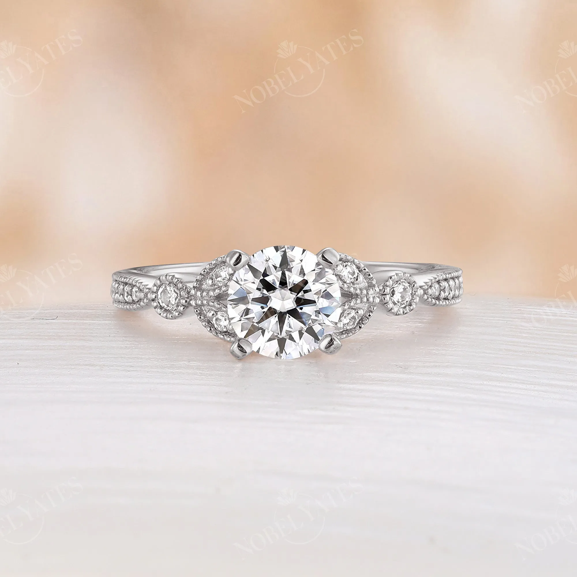 Round Moissanite Engagement Ring Milgrain Side Stones Vintage