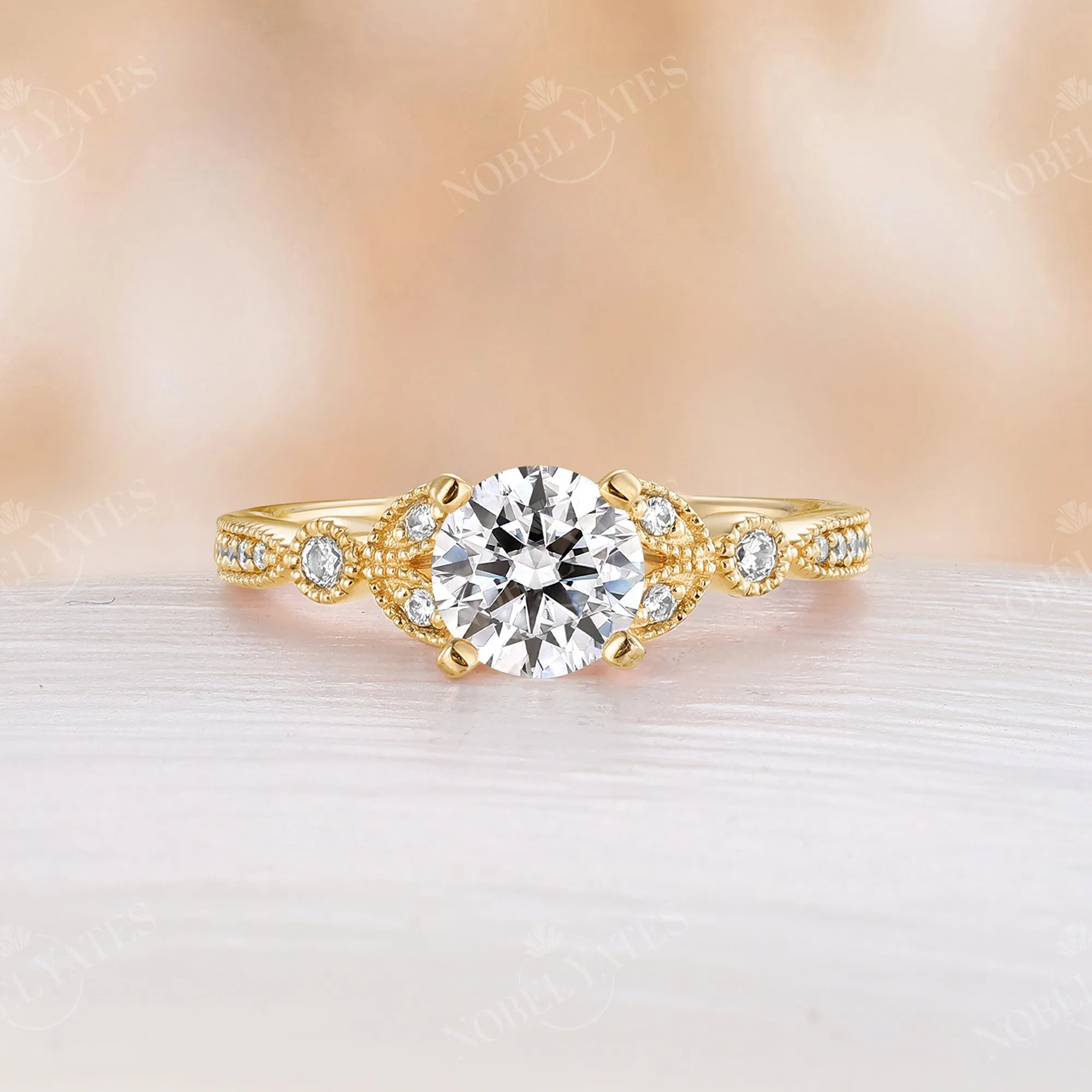 Round Moissanite Engagement Ring Milgrain Side Stones Vintage