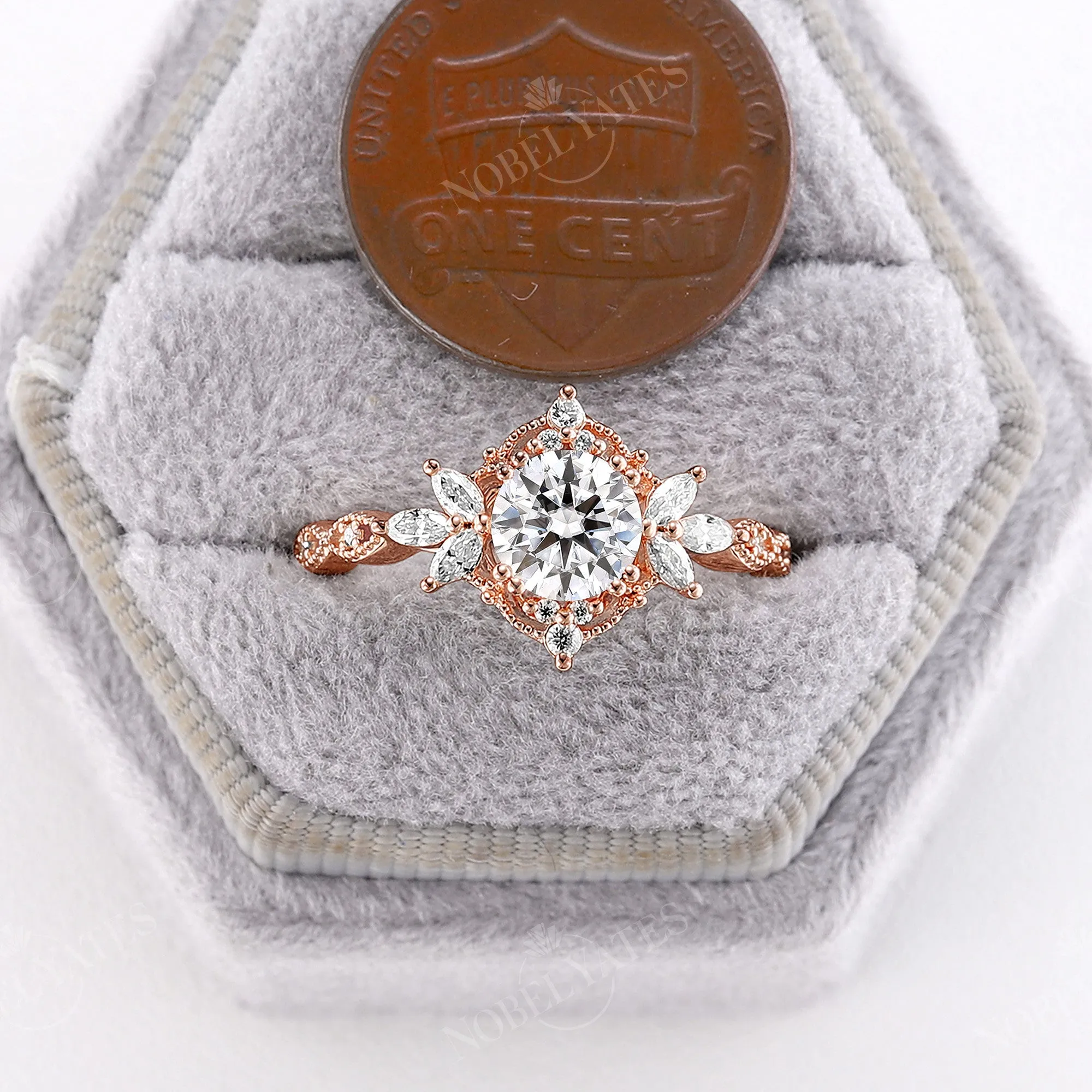 Round Moissanite Vintage Engagement Ring Rose Gold Milgrain Band