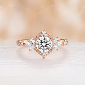 Round Moissanite Vintage Engagement Ring Rose Gold Milgrain Band