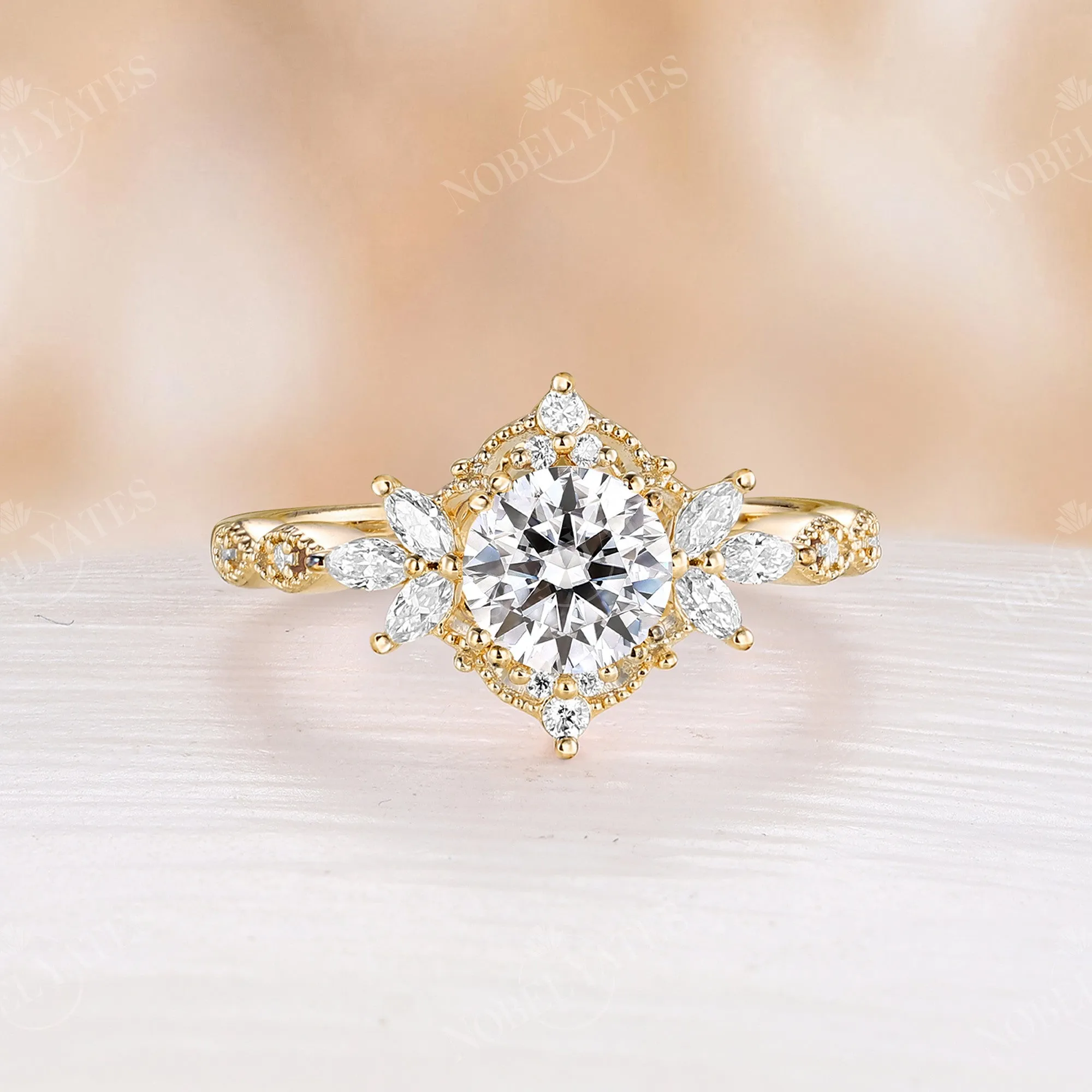 Round Moissanite Vintage Engagement Ring Rose Gold Milgrain Band