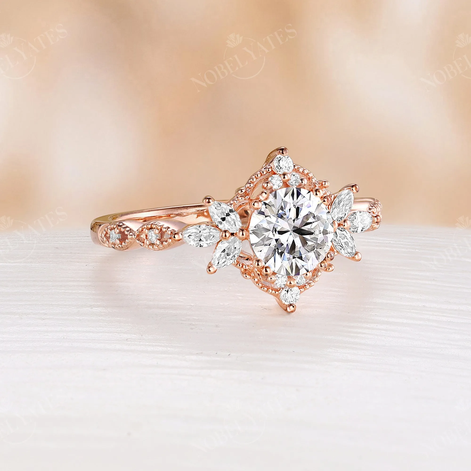 Round Moissanite Vintage Engagement Ring Rose Gold Milgrain Band