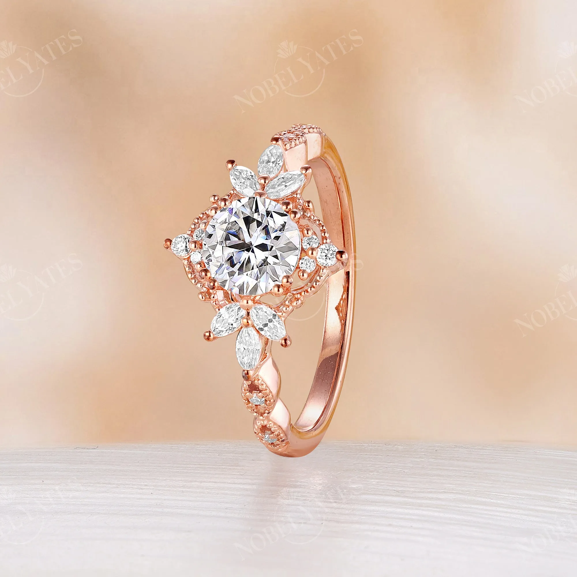 Round Moissanite Vintage Engagement Ring Rose Gold Milgrain Band