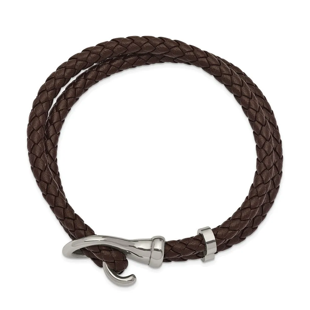 Stainless Steel & Braided Brown Leather Fancy Hook Bracelet, 8 Inch