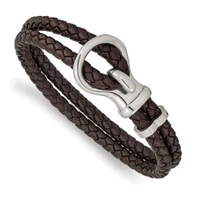 Stainless Steel & Braided Brown Leather Fancy Hook Bracelet, 8 Inch