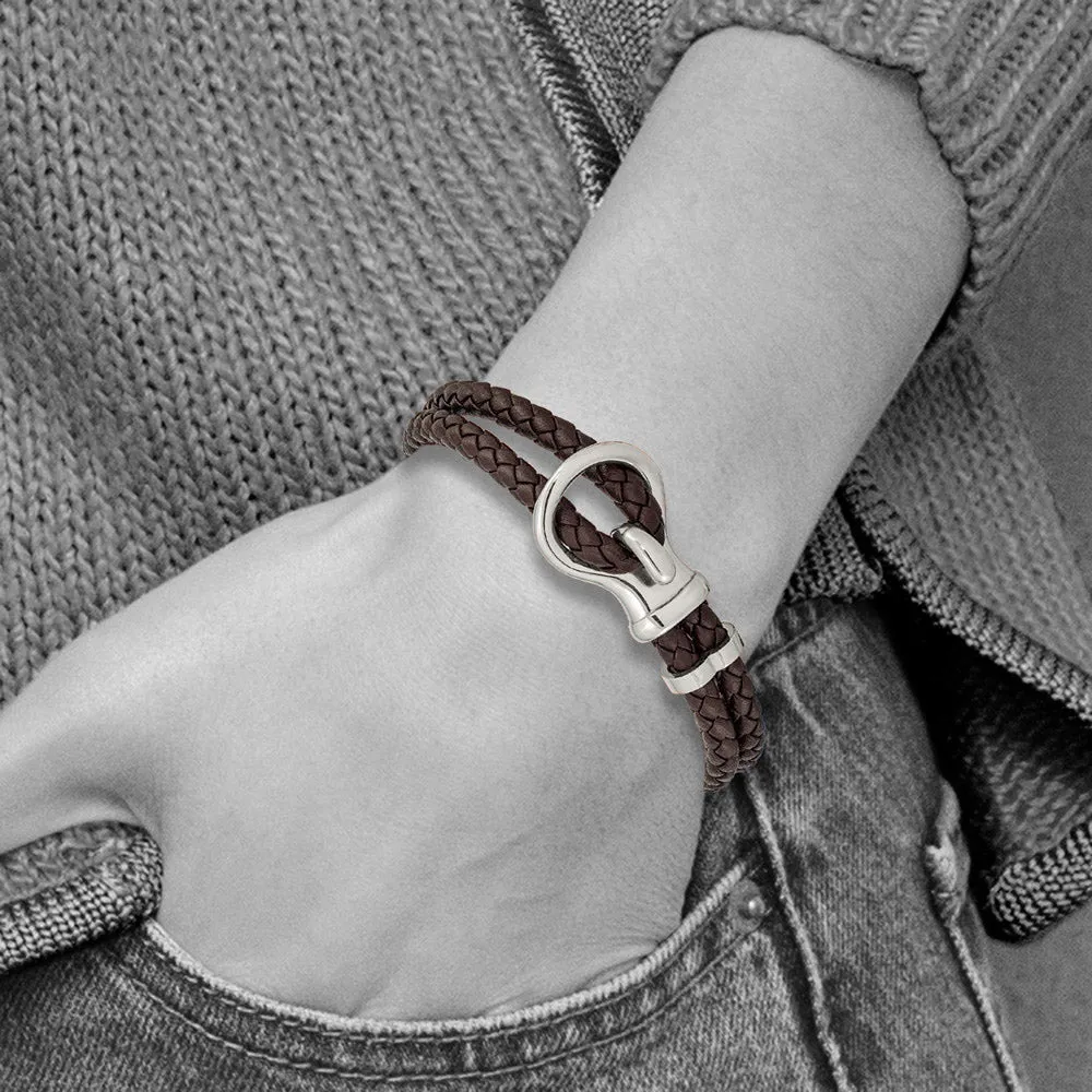 Stainless Steel & Braided Brown Leather Fancy Hook Bracelet, 8 Inch