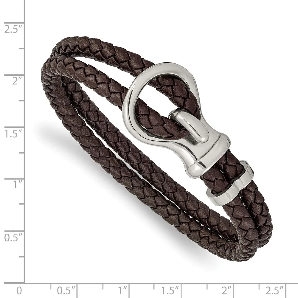 Stainless Steel & Braided Brown Leather Fancy Hook Bracelet, 8 Inch