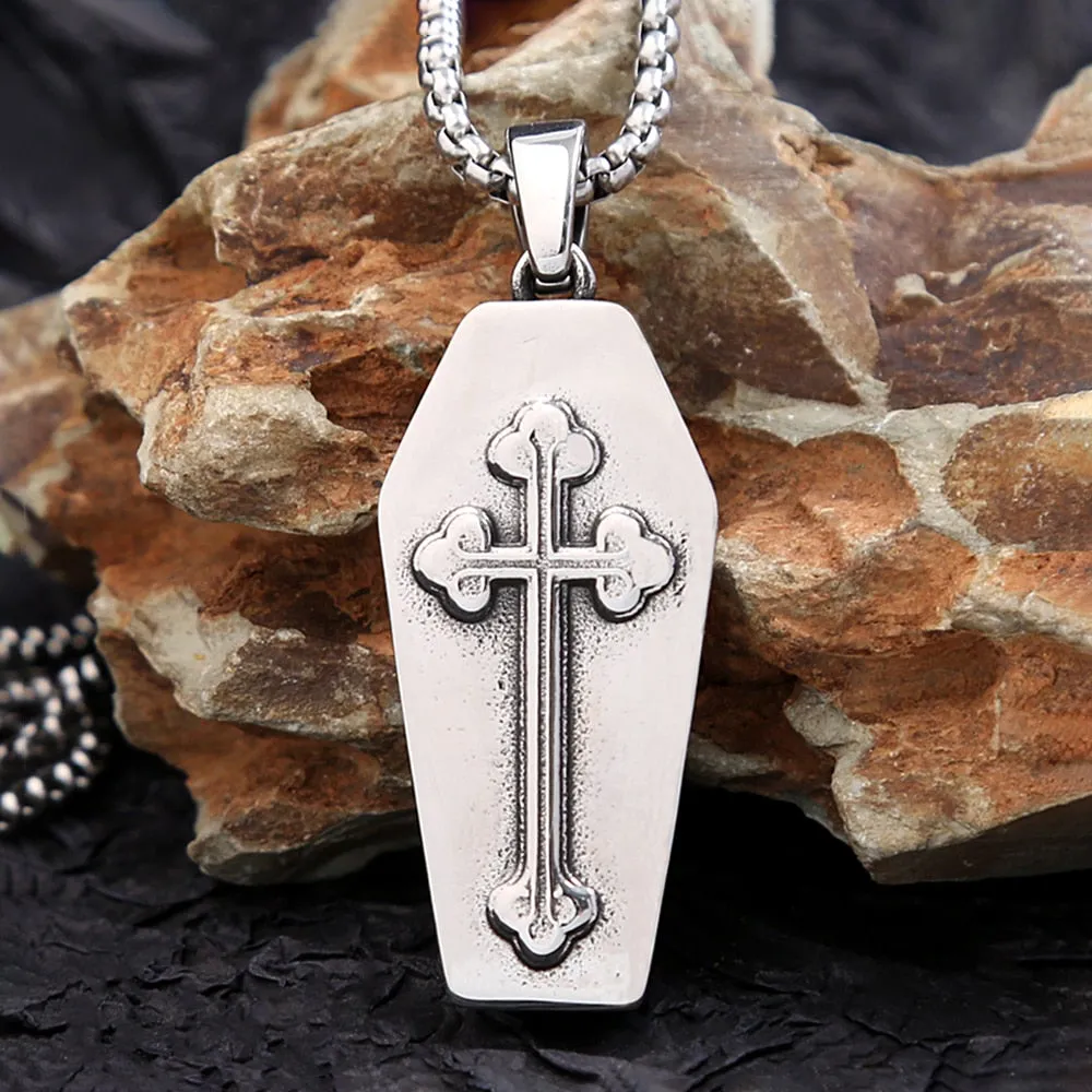 Stainless Steel Vintage Double Skull Coffin Pendant Necklace