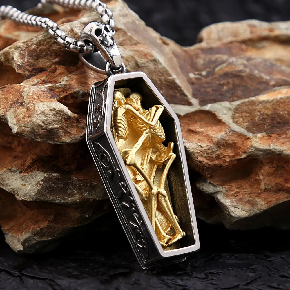 Stainless Steel Vintage Double Skull Coffin Pendant Necklace