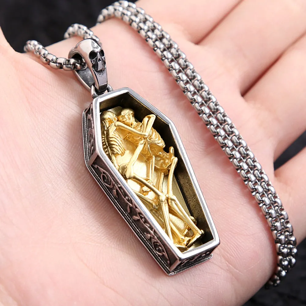 Stainless Steel Vintage Double Skull Coffin Pendant Necklace