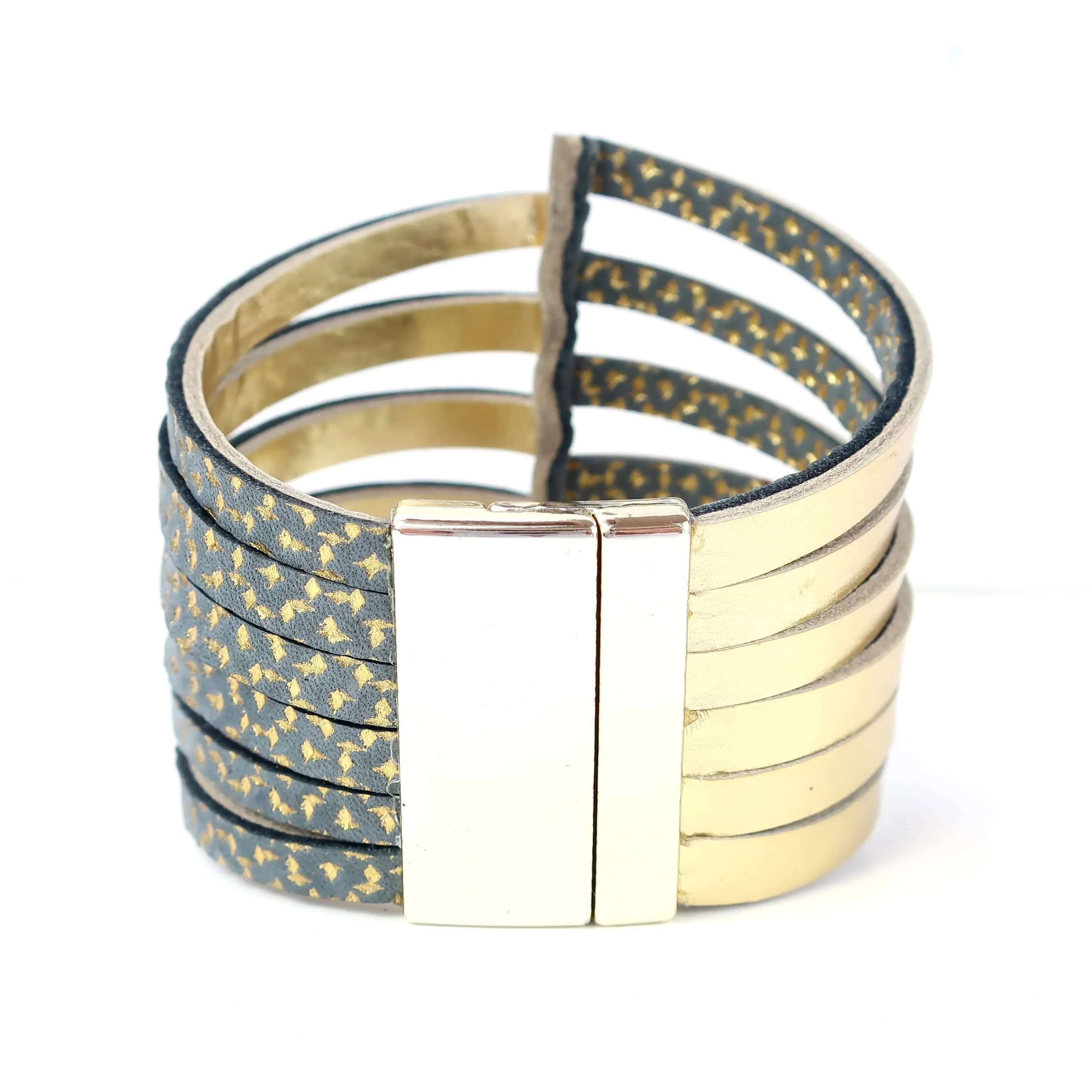 Stripes gold leather statement bracelet