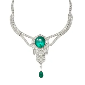 Substantial Art Deco 49.10 CTW Emerald Diamond Platinum Streamline Vintage Station Drop Necklace