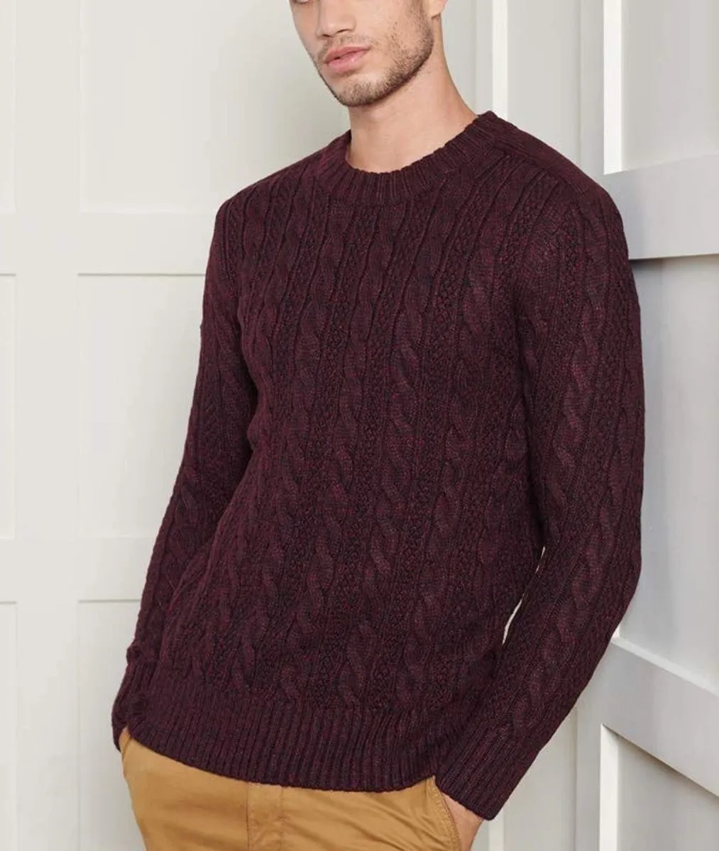 Superdry Crew Neck Jacob Cable Jumper Bright Buck Burgundy