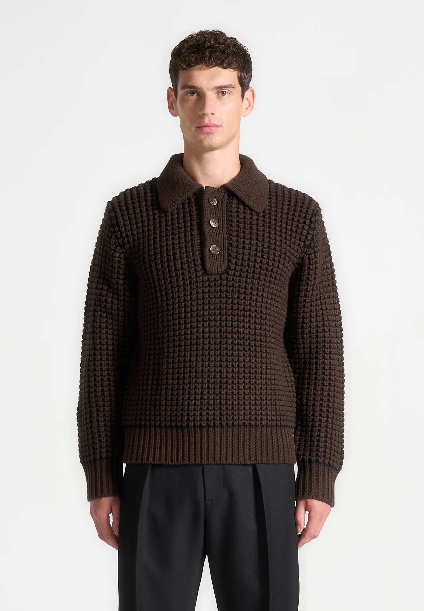 Textured Wool Knit Polo Jumper - Brown