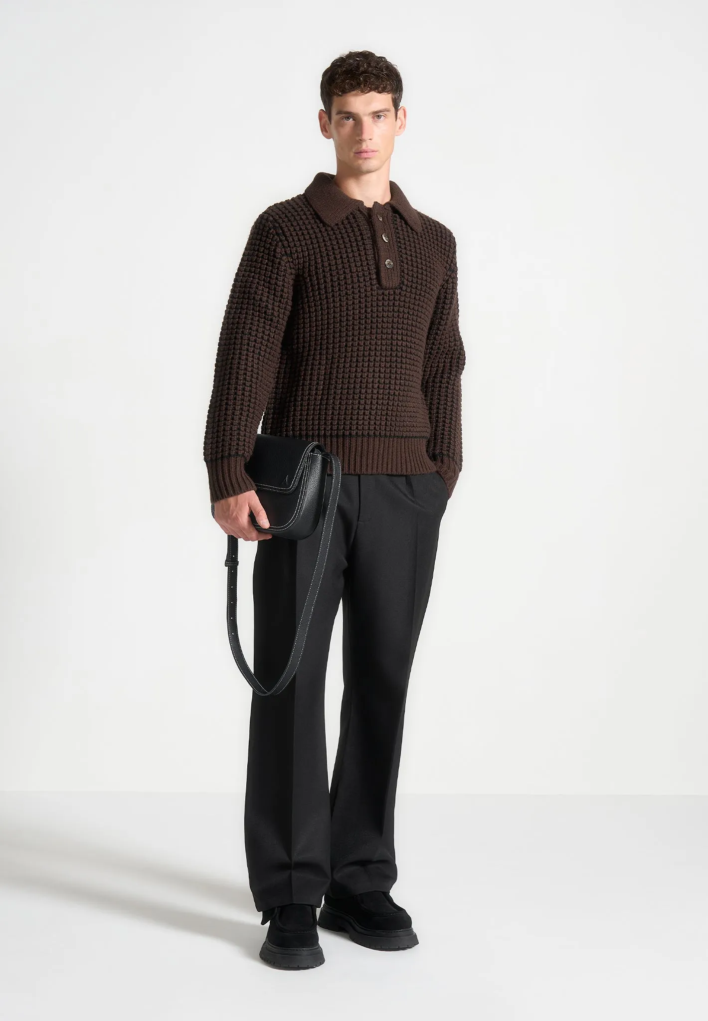 Textured Wool Knit Polo Jumper - Brown