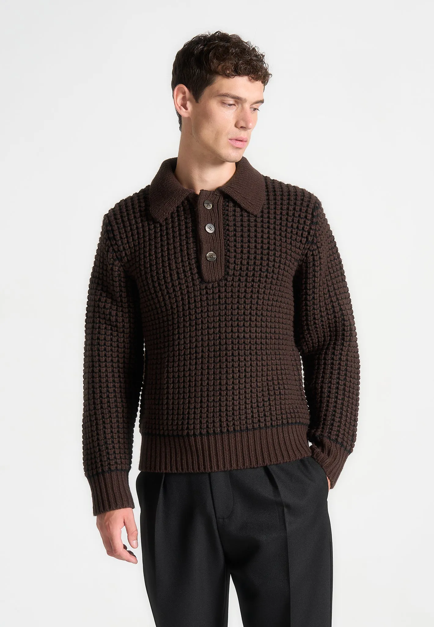 Textured Wool Knit Polo Jumper - Brown