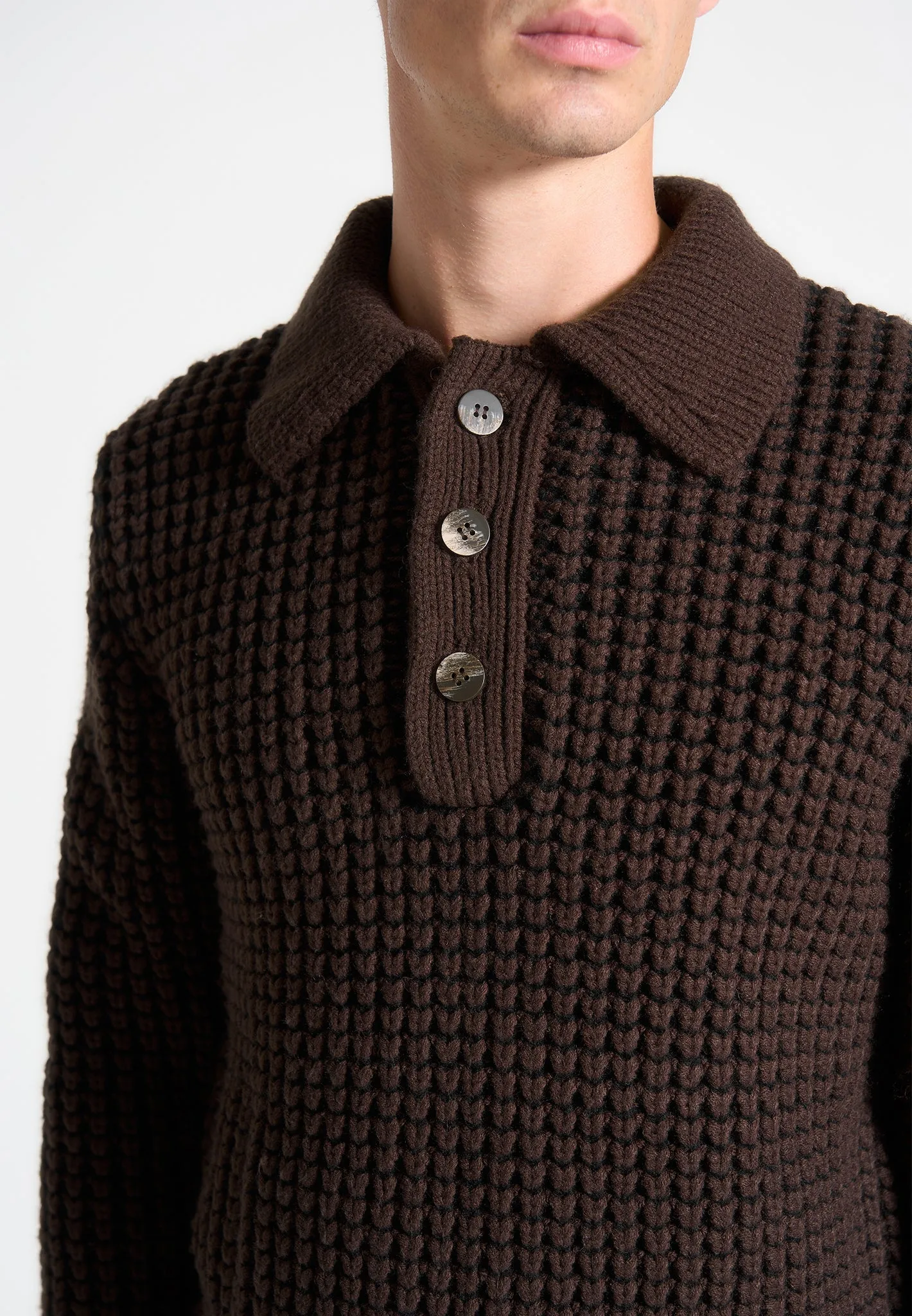 Textured Wool Knit Polo Jumper - Brown