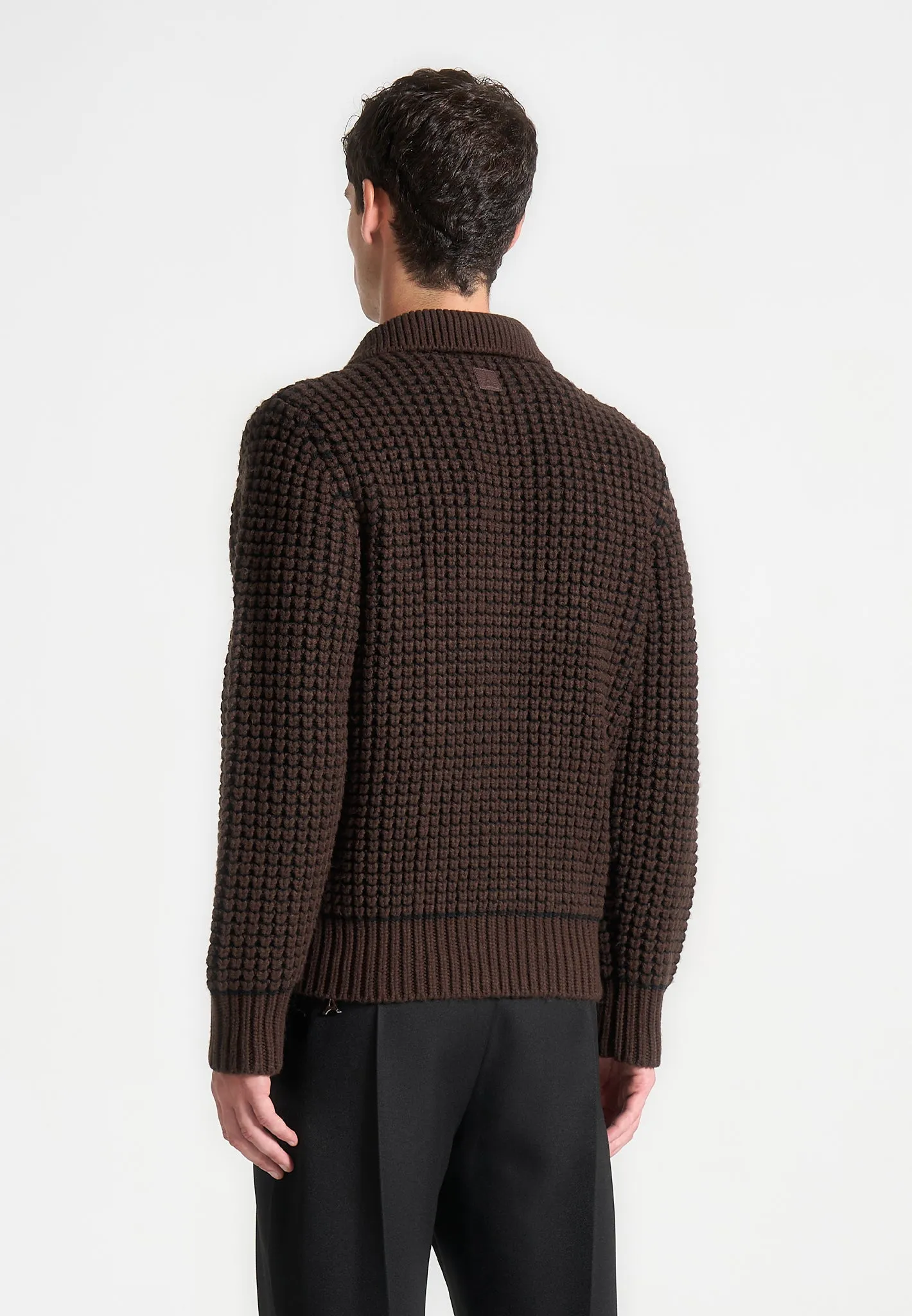 Textured Wool Knit Polo Jumper - Brown