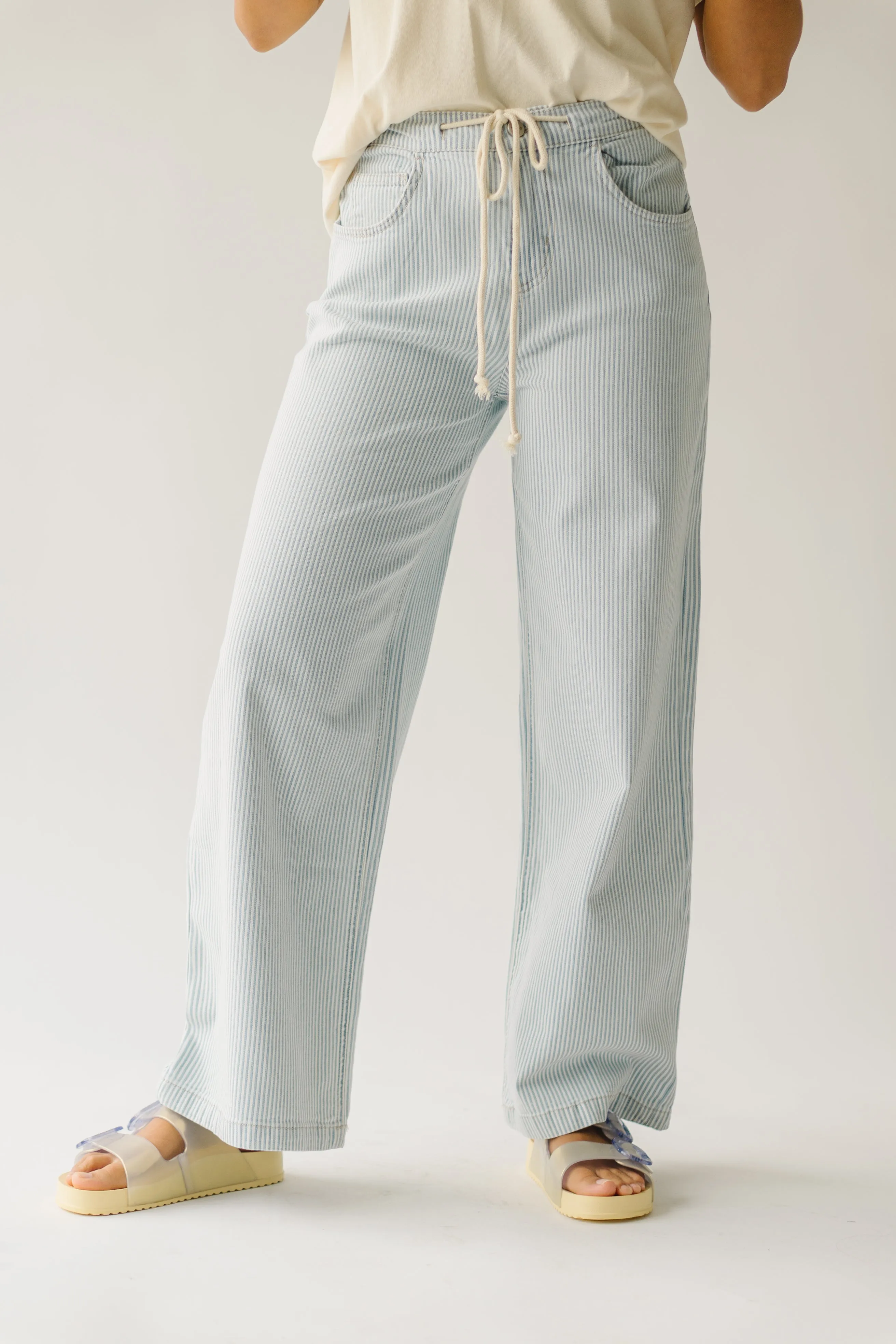 The Mendoza Waist Tie Wide Leg Pant in Blue Stripe