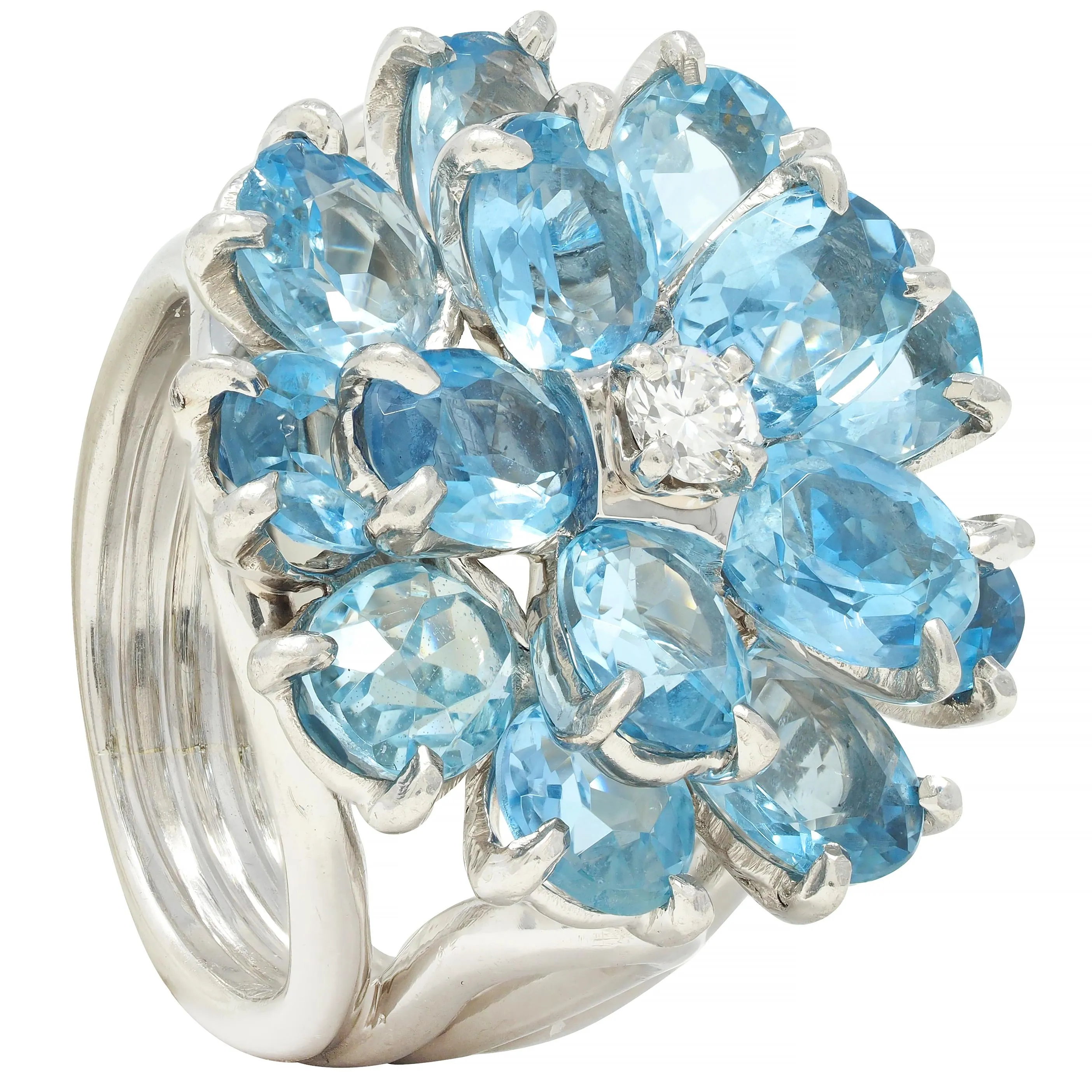 Tiffany & Co. 1960s 5.71 CTW Aquamarine Diamond Platinum Flower Vintage Cocktail Ring