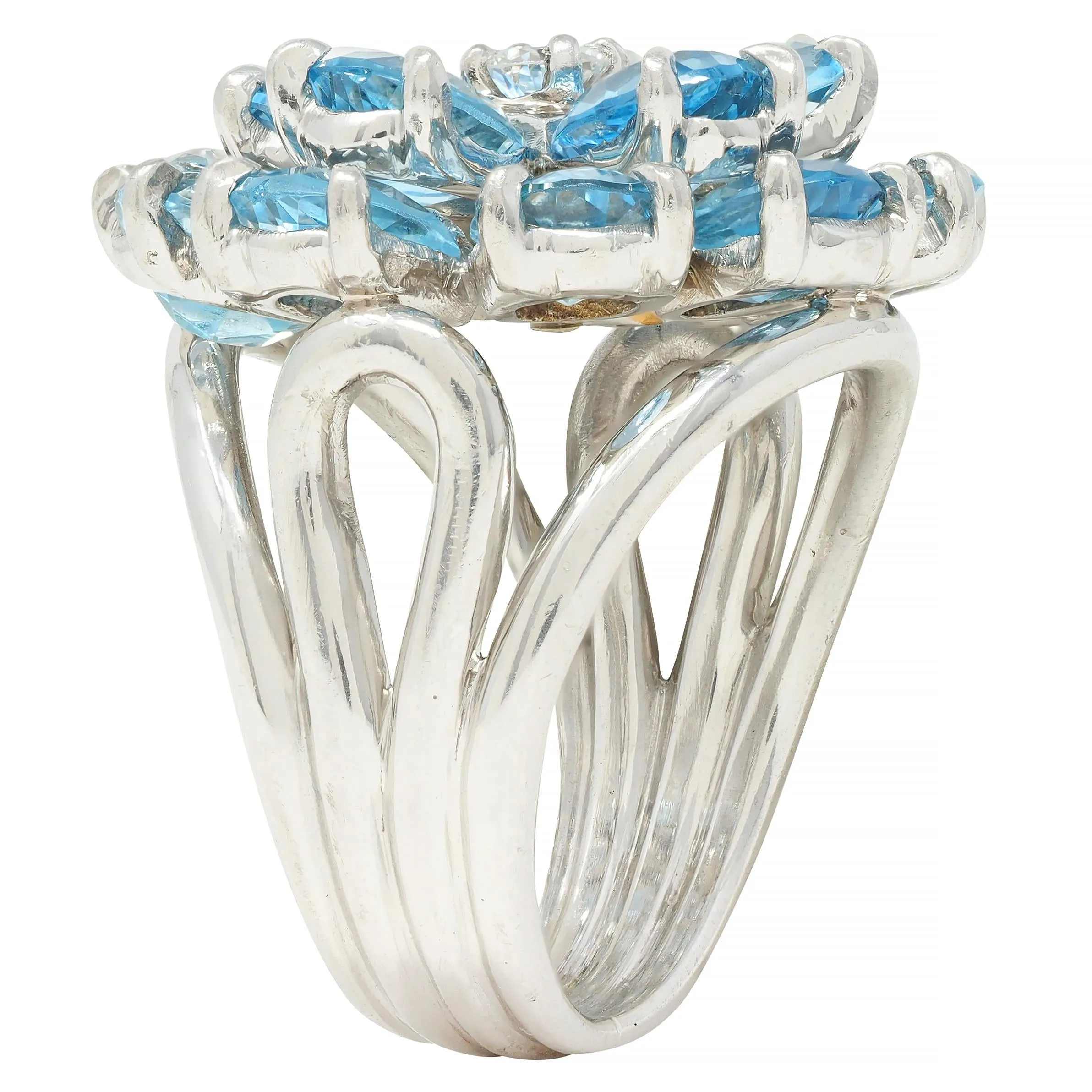 Tiffany & Co. 1960s 5.71 CTW Aquamarine Diamond Platinum Flower Vintage Cocktail Ring