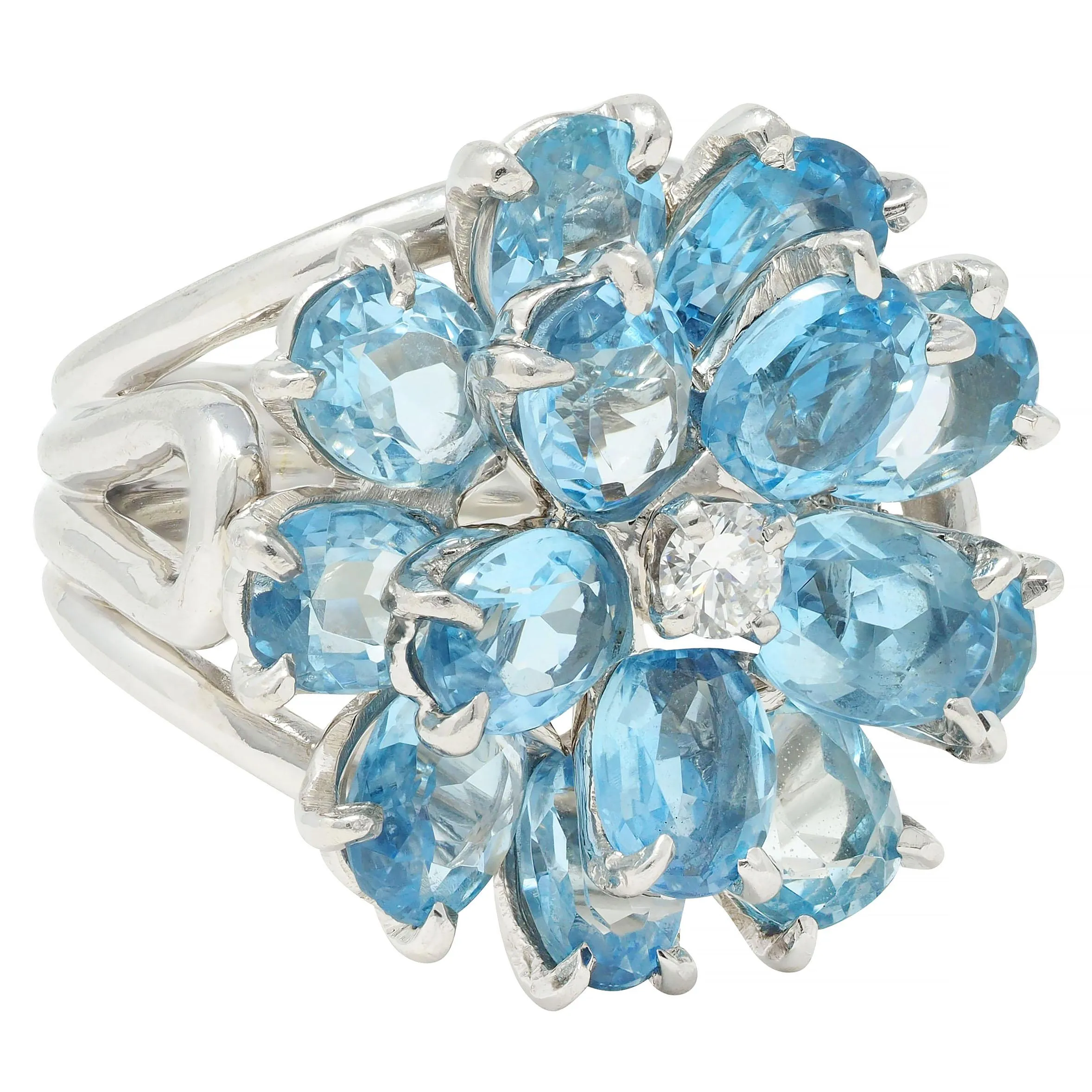 Tiffany & Co. 1960s 5.71 CTW Aquamarine Diamond Platinum Flower Vintage Cocktail Ring