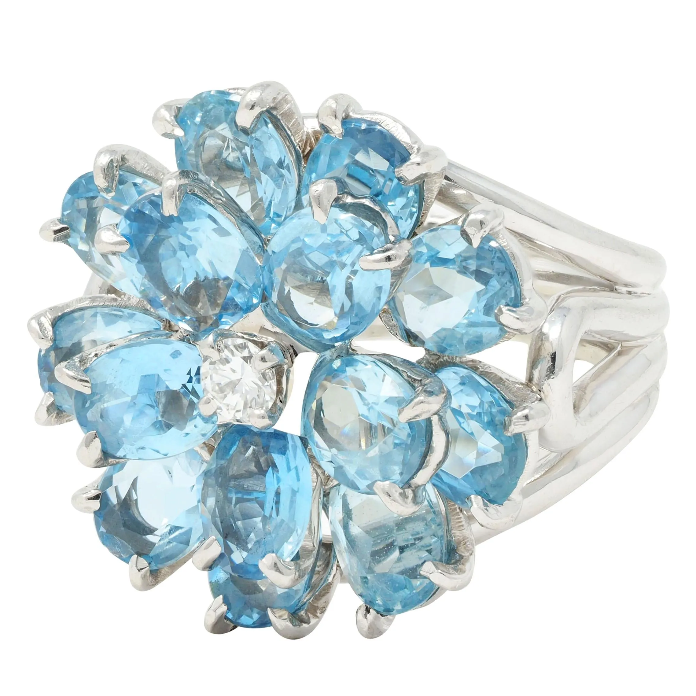 Tiffany & Co. 1960s 5.71 CTW Aquamarine Diamond Platinum Flower Vintage Cocktail Ring