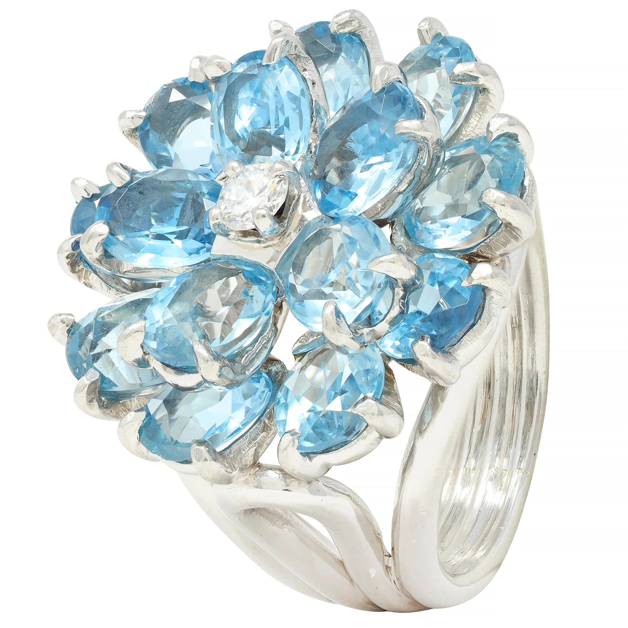 Tiffany & Co. 1960s 5.71 CTW Aquamarine Diamond Platinum Flower Vintage Cocktail Ring