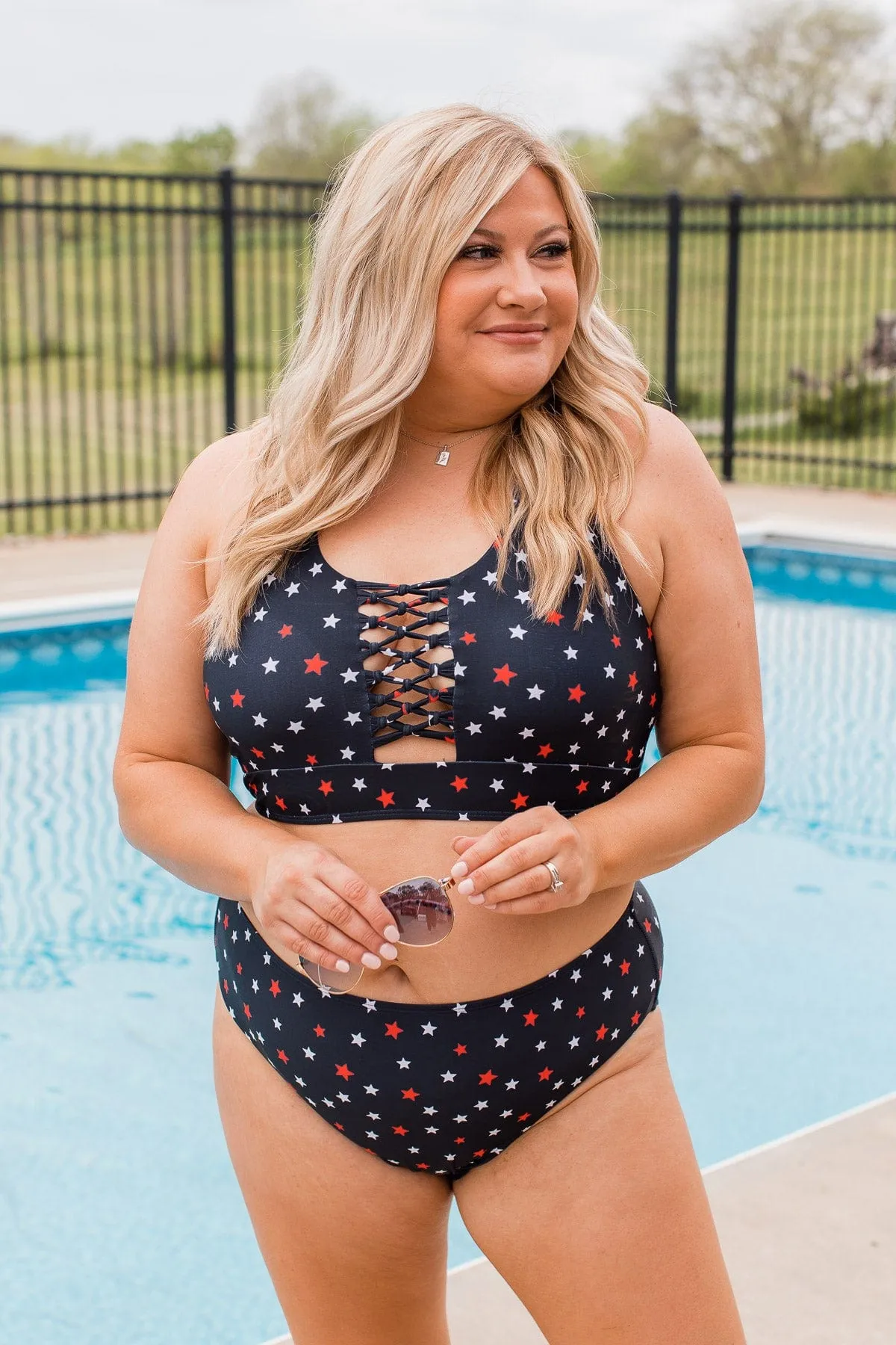 Tropical Breeze Braided Swim Top- Navy Star