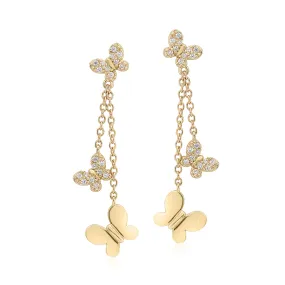 UNICORNJ 14K Yellow Gold Polished and Pave CZ Long Double Dangle Drop Butterfly Earrings Italy