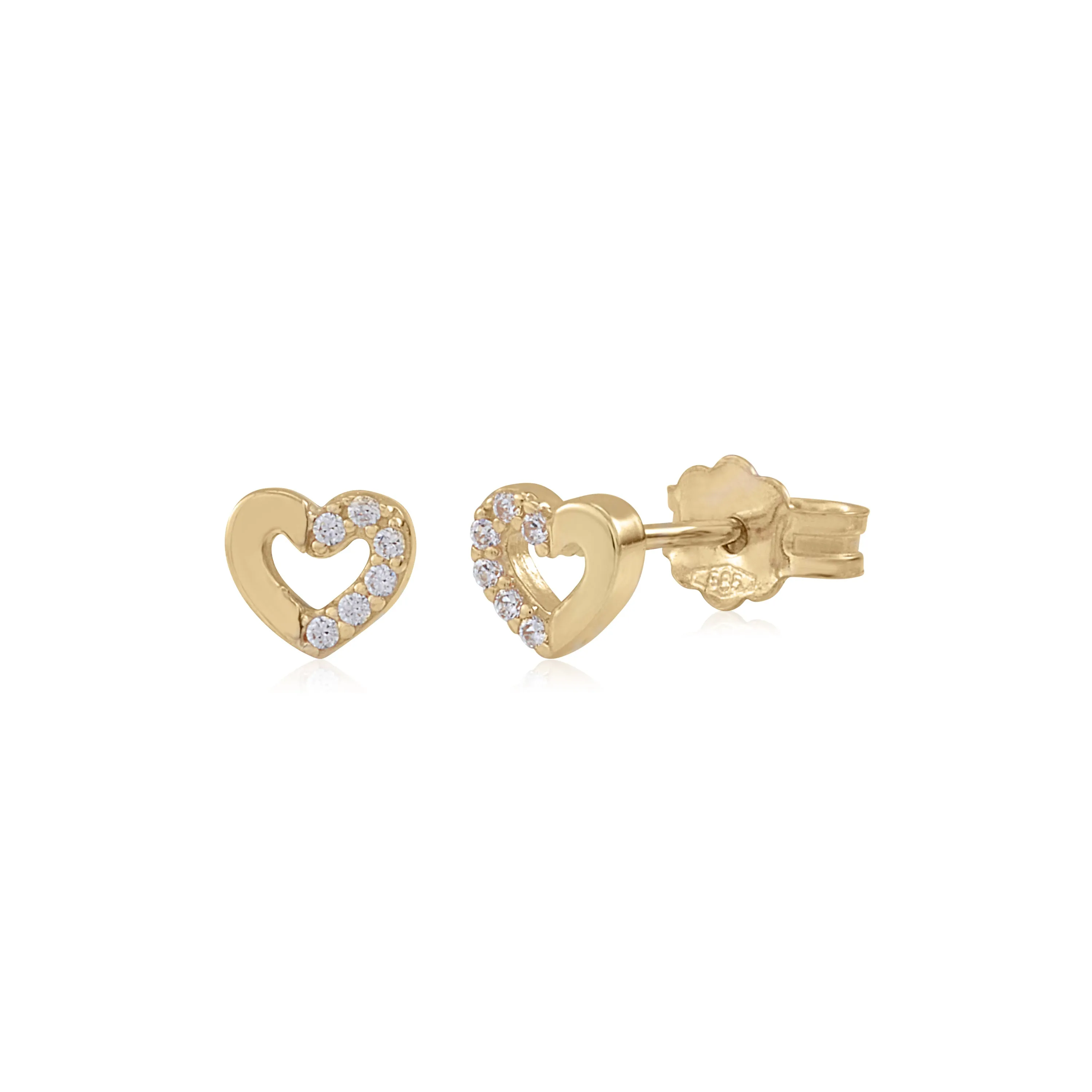 UNICORNJ 14K Yellow or White Gold Children's Kids Baby Tiny Heart Post Earrings Half Polished Half CZ's Italy