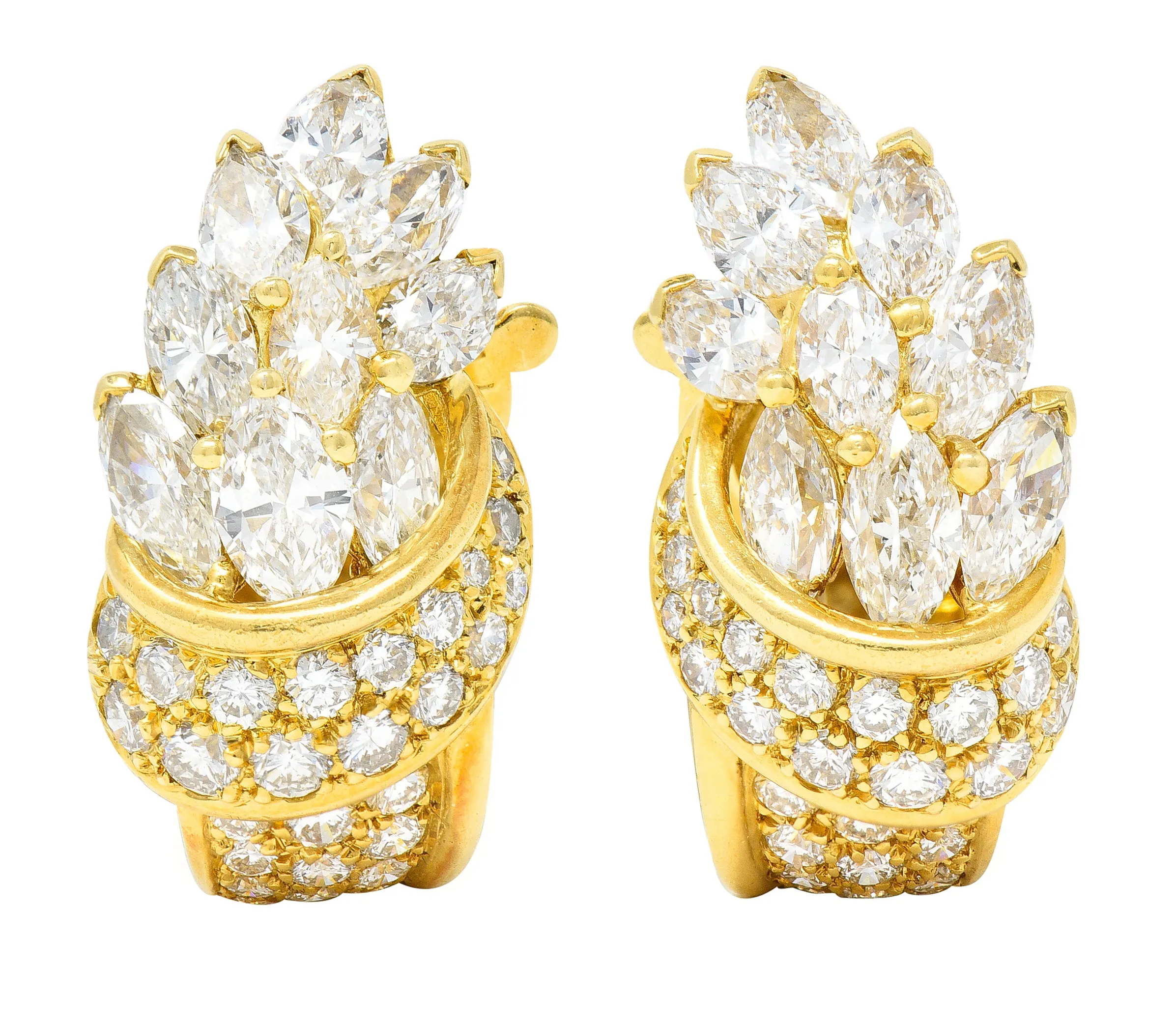 Van Cleef & Arpels French 5.26 CTW Marquise Cut Diamond 18 Karat Yellow Gold Toundra Bouquet Vintage J-Hoop Earrings