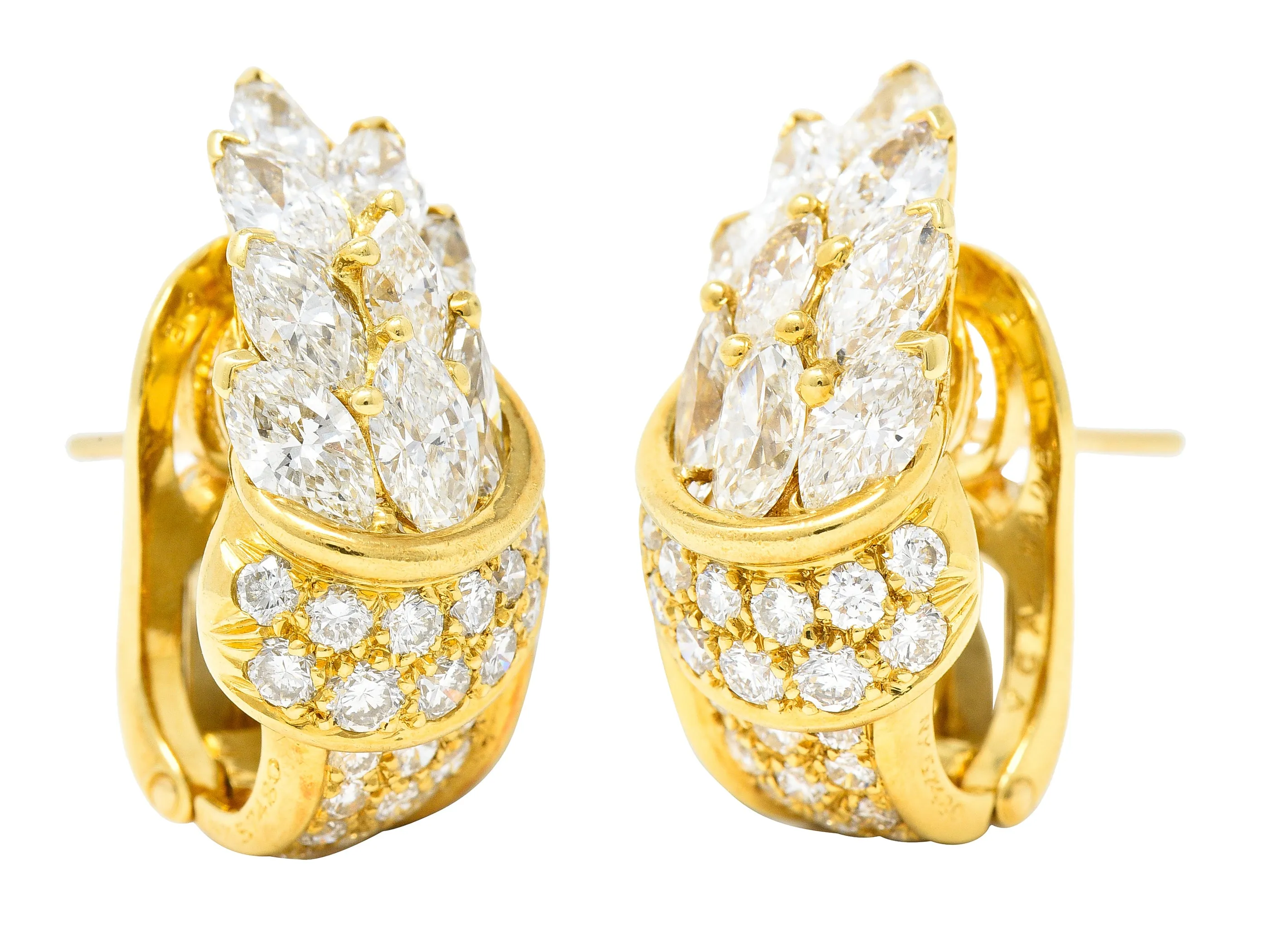 Van Cleef & Arpels French 5.26 CTW Marquise Cut Diamond 18 Karat Yellow Gold Toundra Bouquet Vintage J-Hoop Earrings