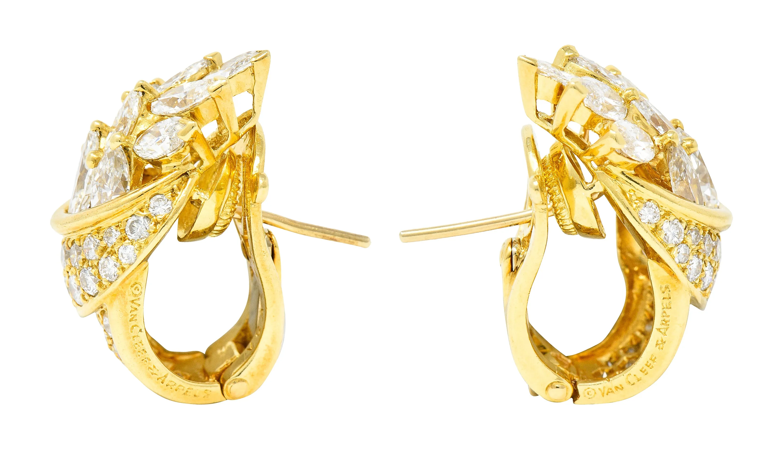 Van Cleef & Arpels French 5.26 CTW Marquise Cut Diamond 18 Karat Yellow Gold Toundra Bouquet Vintage J-Hoop Earrings