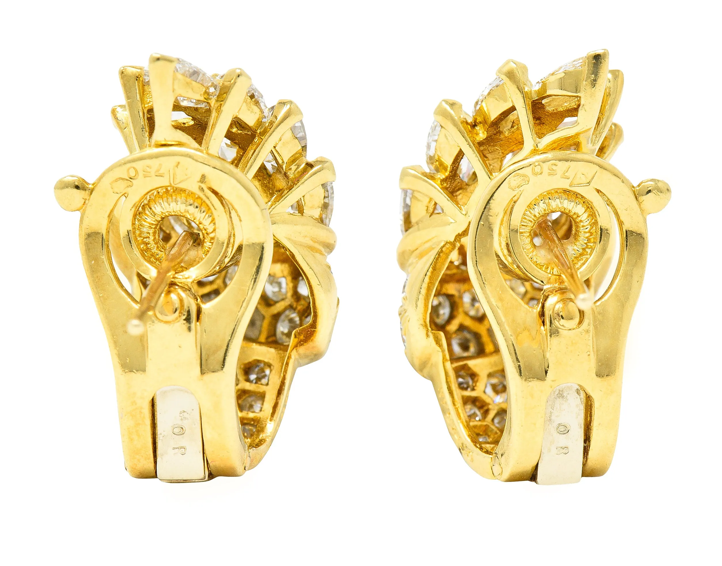 Van Cleef & Arpels French 5.26 CTW Marquise Cut Diamond 18 Karat Yellow Gold Toundra Bouquet Vintage J-Hoop Earrings