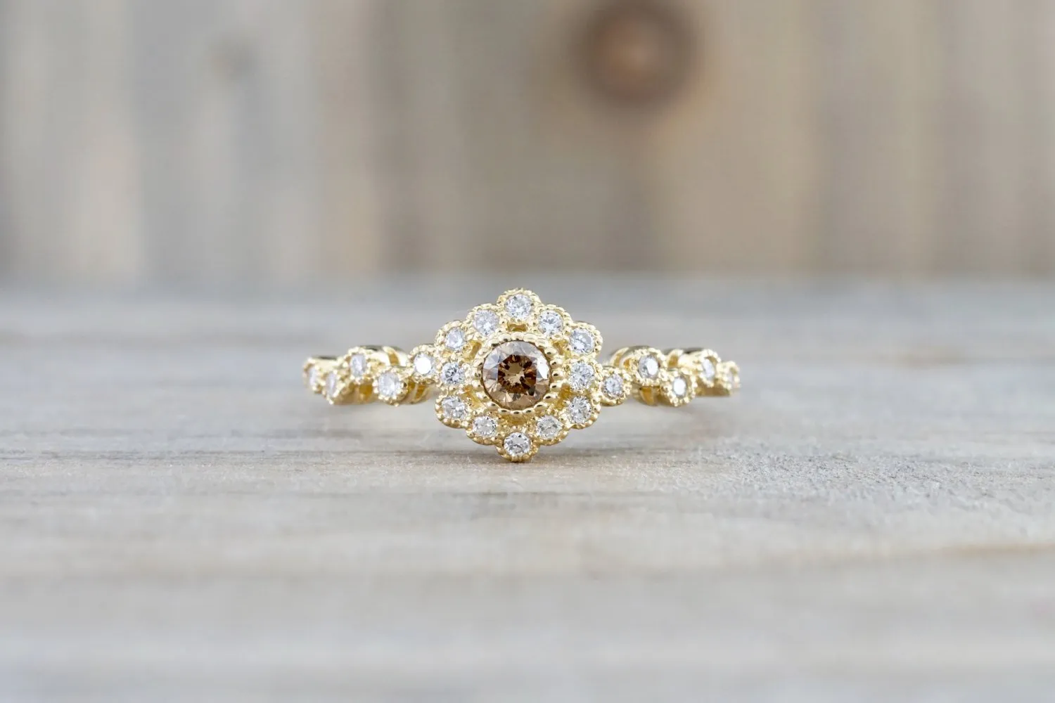 Vermont 14K Yellow Gold Classic Chocalate Diamond Engagement Wedding Promise Vintage Classic Cute Ring Band Arch Shaped