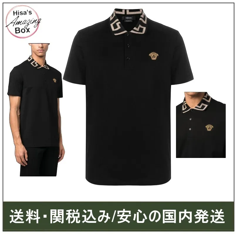 VERSACE  |Monogram Cotton Short Sleeves Logo Luxury Polos