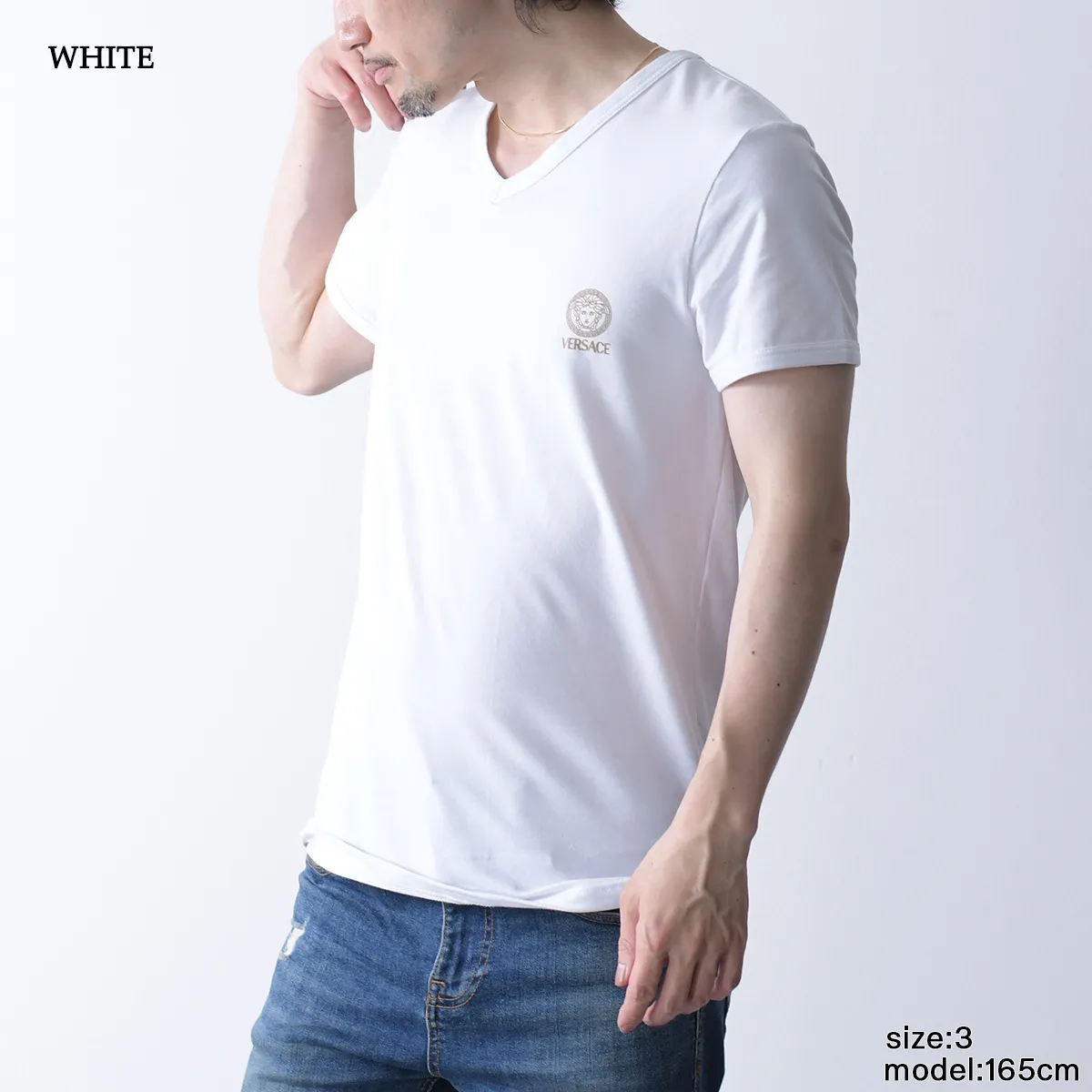 VERSACE  |V-Neck Plain Cotton Short Sleeves Logo Luxury