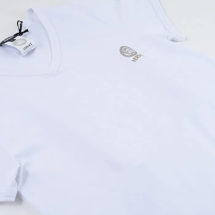 VERSACE  |V-Neck Plain Cotton Short Sleeves Logo Luxury