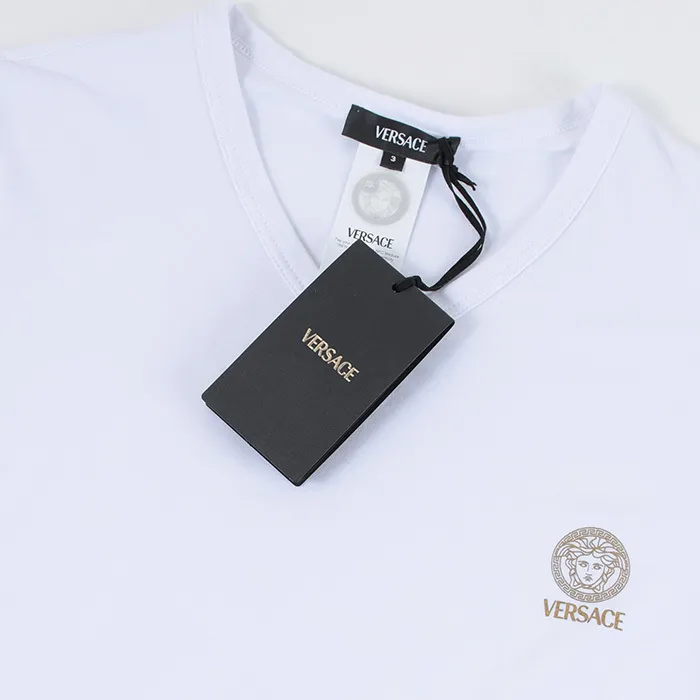 VERSACE  |V-Neck Plain Cotton Short Sleeves Logo Luxury