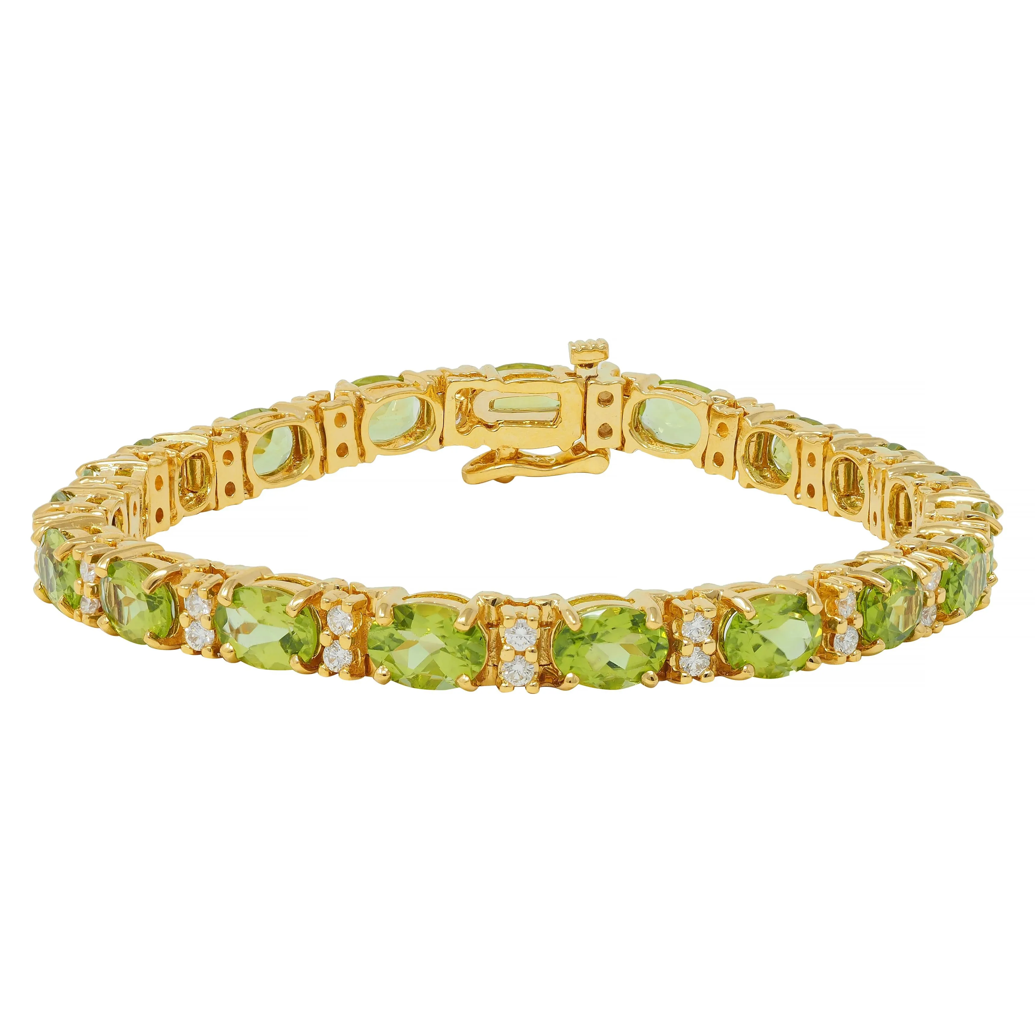 Vintage 20.14 CTW Oval Cut Peridot Diamond 18 Karat Yellow Gold Line Bracelet